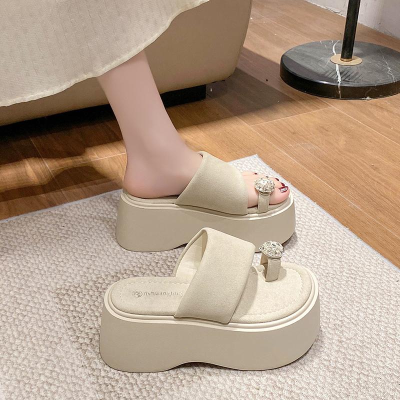 Fashion 8CM Women High Platform Slippers Summer Rhinestone Beach Flip-Flops Ladies Wedge Heels Flock Shoes Woman Outside Chunky Sandals