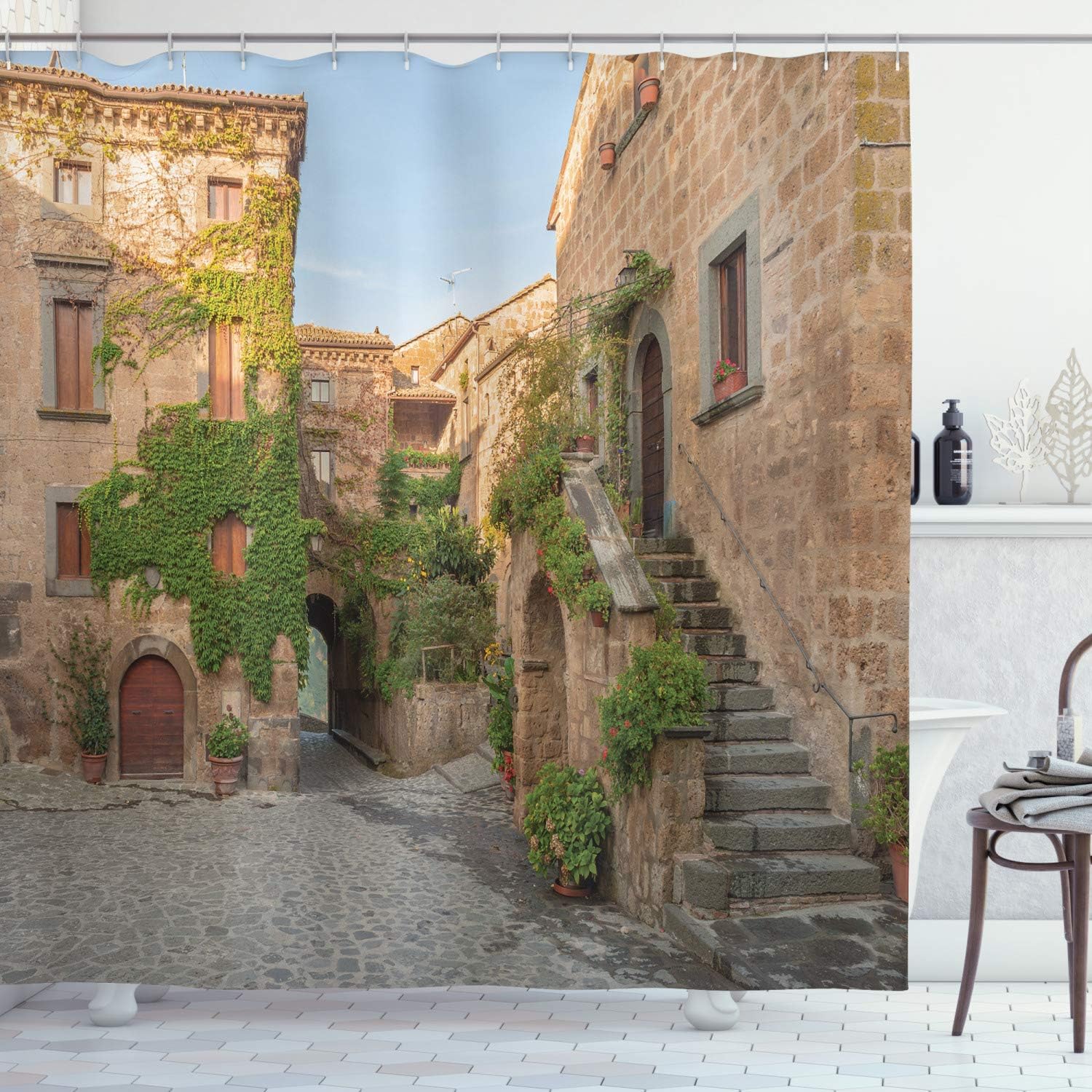 

Tuscan Village Shower Curtain – Italian Stone Houses with Flowering Balconies, Rustic Bathroom Decor for Elegant Home 90x180cm35x71in