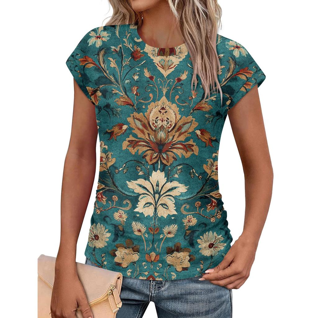 Women Summer Tops Trendy Crew Neck Short Sleeve T-shirts Shirts Fashion Women's Vintage Printed T-Shirt Outdoor Clothes Pullover