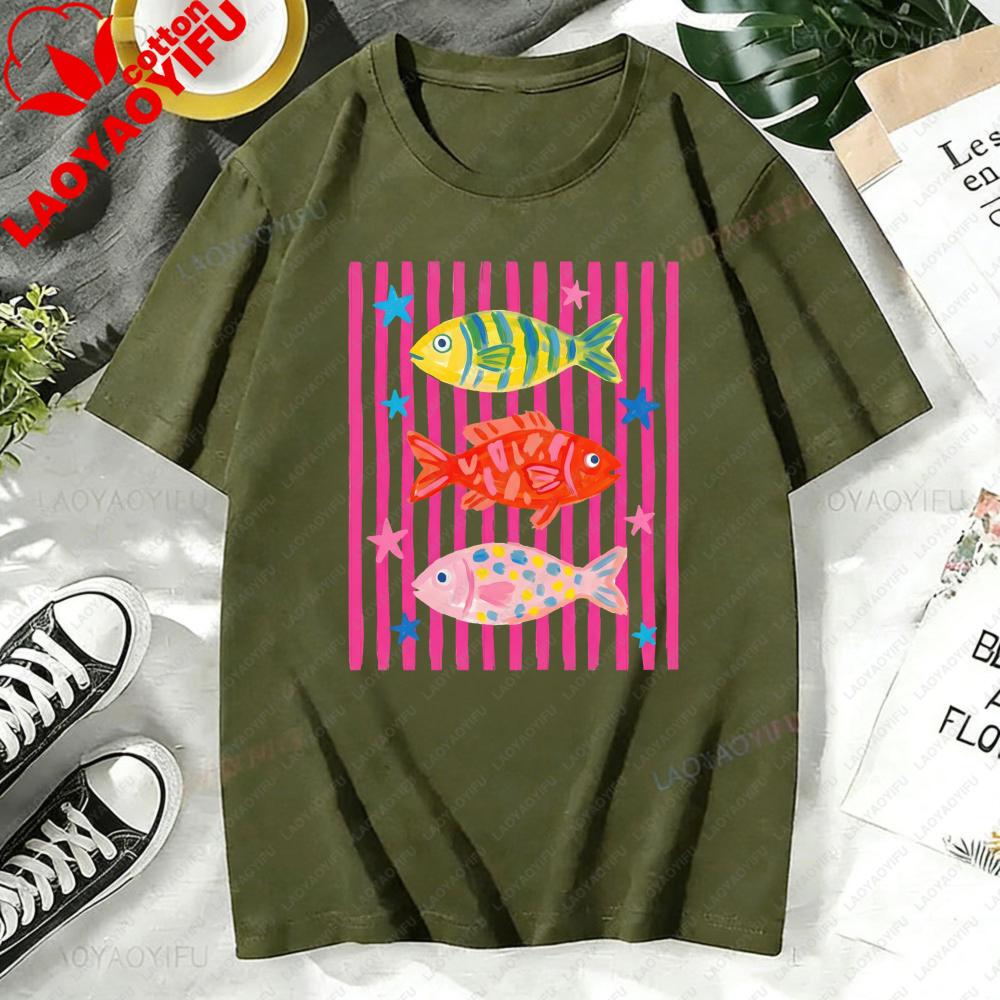 Bright Striped Fish Graphic Tee Y2k Pop Art Aesthetic Bold Pink Colorful Fish Print Nautical Summer Everyday Casual TShirt