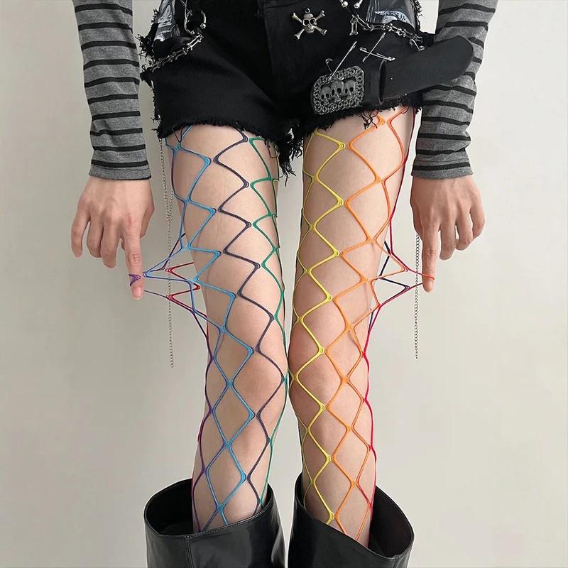 Hollowed Colorful Women Fishnet Stockings Thin Y2K Subculture Rainbow Hole Girls Mesh Tights JK Goth Street Club Stockings