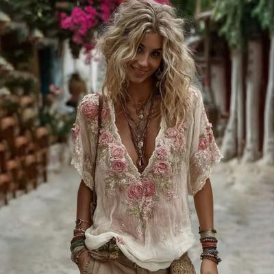 Damen Oberteile 3D-Druck Imitation Jacquard V-Ausschnitt Kurzarm Lockerer Schnitt Weich Atmungsaktiv Sommerhemd Tägliche Kleidung