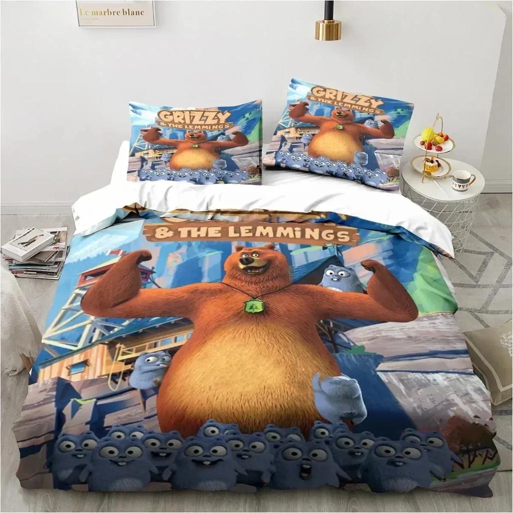 Grizzy and The Lemmings Bedding Set Duvet Cover Sheet Printed Bed Set Pillowcase Bed Full Queen King Size For Comforter Bedroom