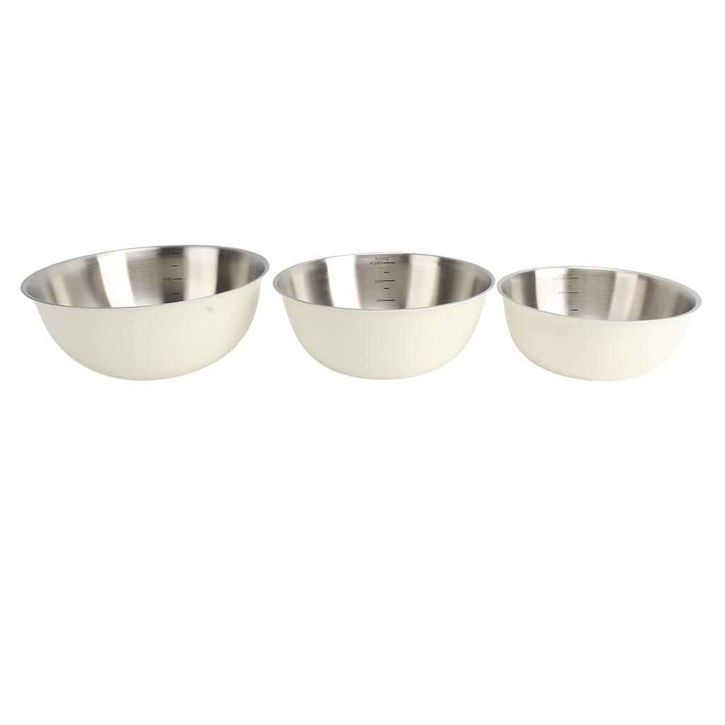 3 PCS 304 Stainless Steel Mixing Bowl Home Kitchen Salad Basin Baking Knead Dough Egg Bowl with Scale Creamy White