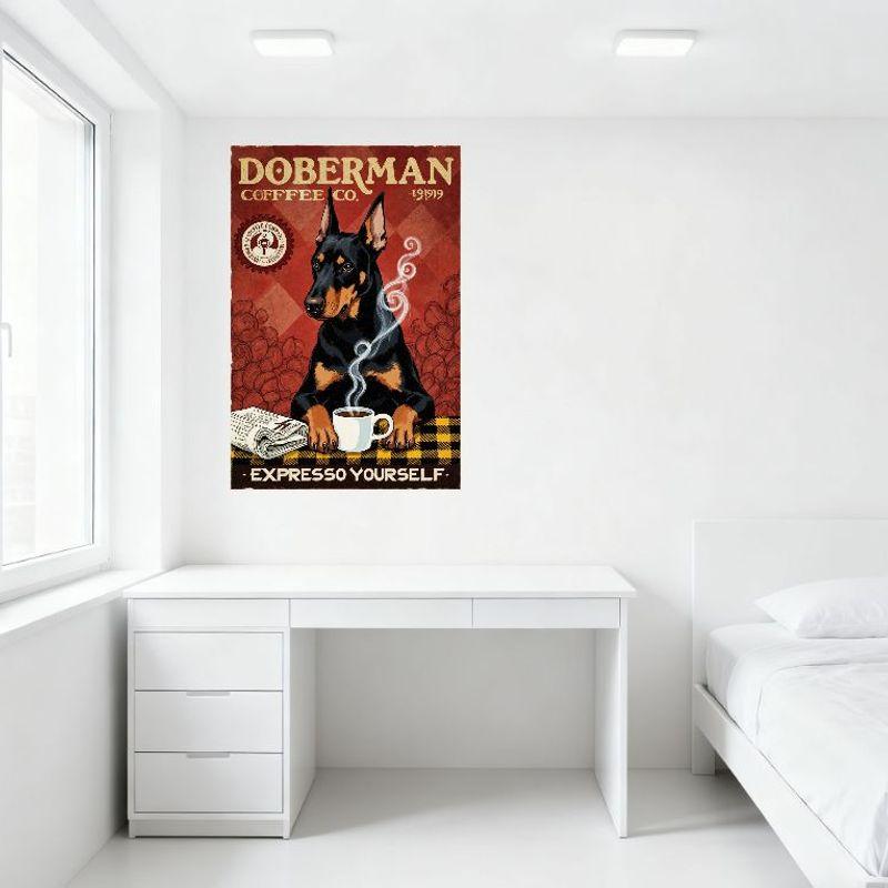 Vintage Doberman Coffee Co. Metal Tin Sign - 1919 Established Doberman Pinscher with Coffee Cup & Newspaper, Retro Wall Decor fo