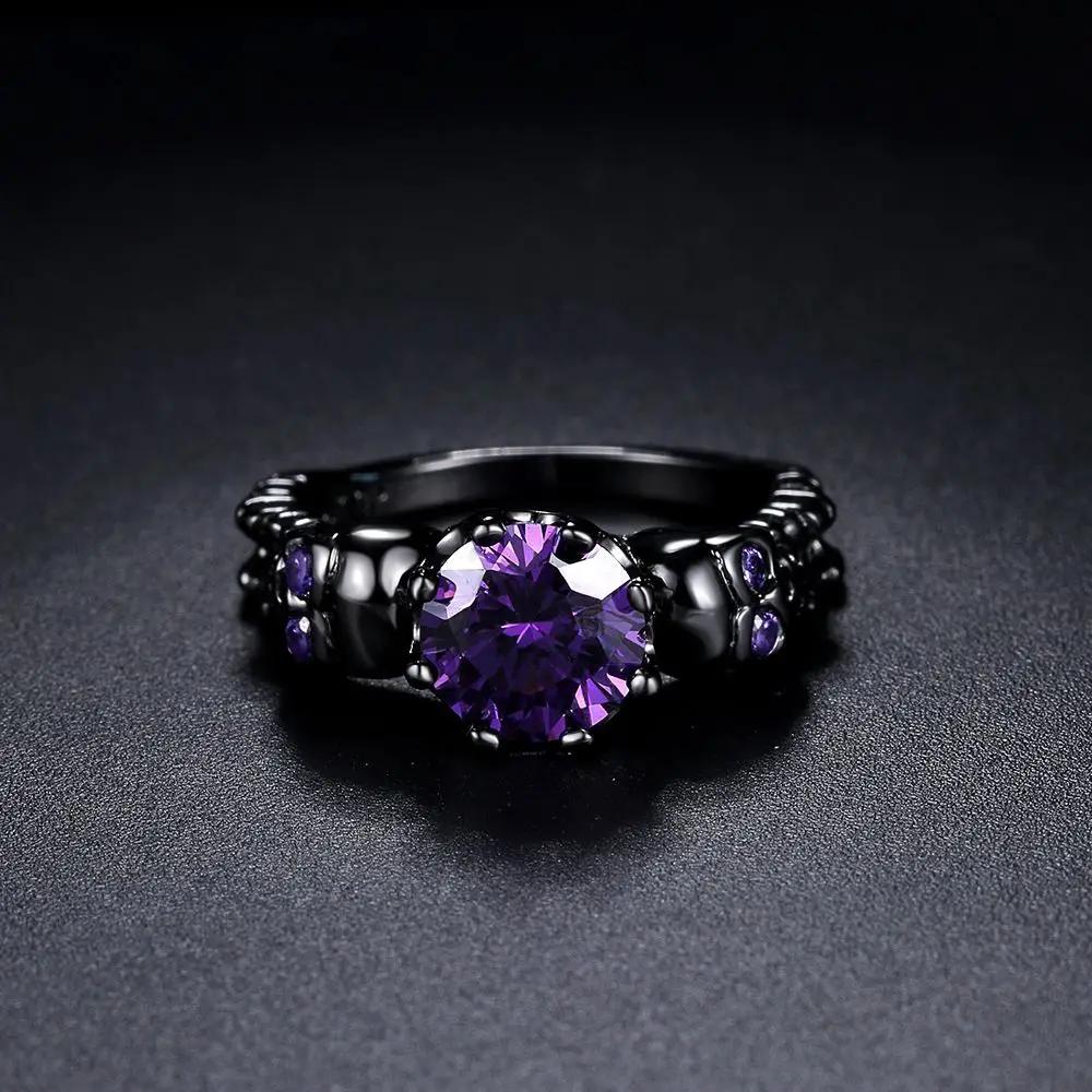 Hot Sale Western Fashion Black Skull Ring Personality Gothic Delicate Purple Zircon Copper Ring for Punk Women Statement Jewelry