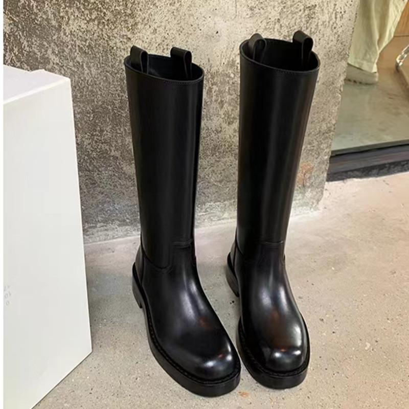 Grape mother has the same style, European and American round-headed high boots show thinness and height, and straight thick-soled leather knight boots