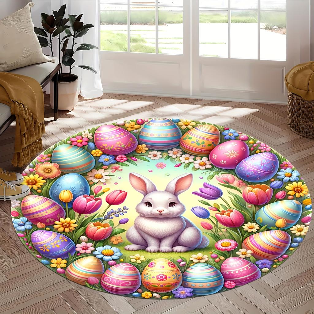 Happy Easter Rabbit Egg Patterned Area Carpet Round Non-Slip Easy To Clean Rug Living Room Bedroom Laundry Outdoor Floor Mat