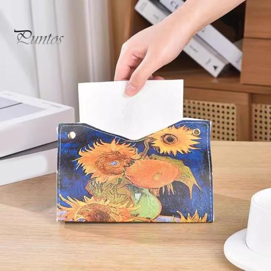 Space Saving Paper Holder PU Leather Tissue Box Cover with Wild Rose/Sunflower Pattern, Foldable Desktop Organizer, Napkin Case, Facial Organizer