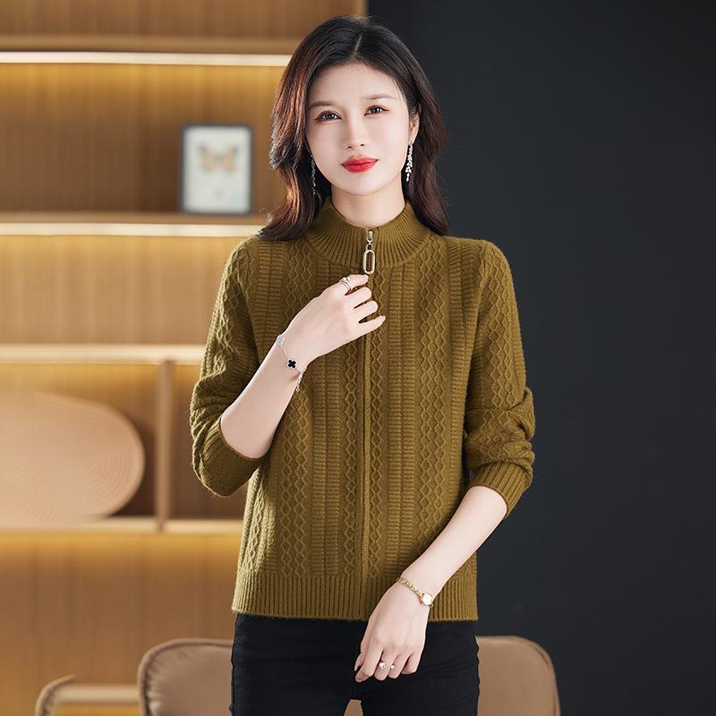2025 Herbststil Damen Stehkragen Reißverschluss Strickjacke Pullover für Mütter mittleren Alters