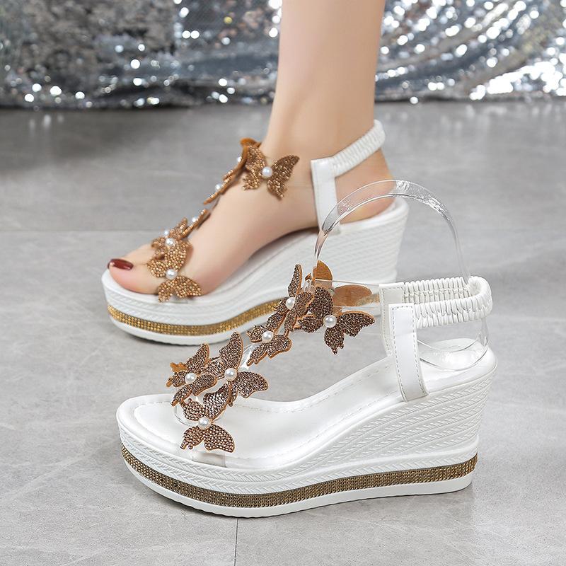 Summer New Large Size Women's Wedge Heel Sandals Bow Foot Muffin Rhinestone Bottom Fish Mouth Sandals