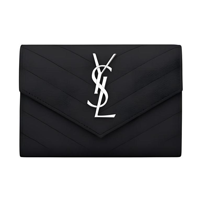 

Saint Laurent Ysl Silver Logo Grainy Embossed Short Flap Quilted Leather Envelope Wallet Small Women Wallet Black 414404-BOW02-1000 Gift Set(Basic Set+Box+Shopping Bag)