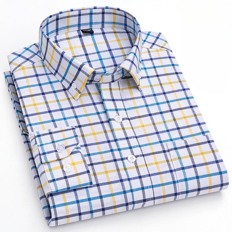 New Pure Cotton Business Men Oxford Shirt Long Sleeve Casual Plaid Striped with Chest Pocket Non-iron Autumn Spring