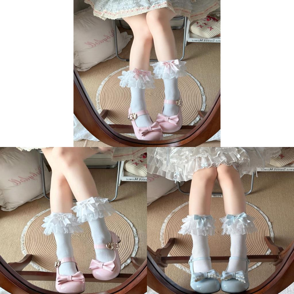 Lolita Cotton Socks With Polka Dot Bow Lace For Girls Spring Summer