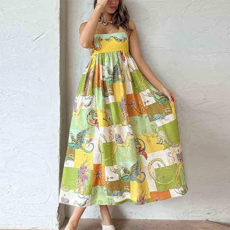 Temperament Fashion European & American Sling Casual Summer Elegant Women's High-Waist Print Dress 2025