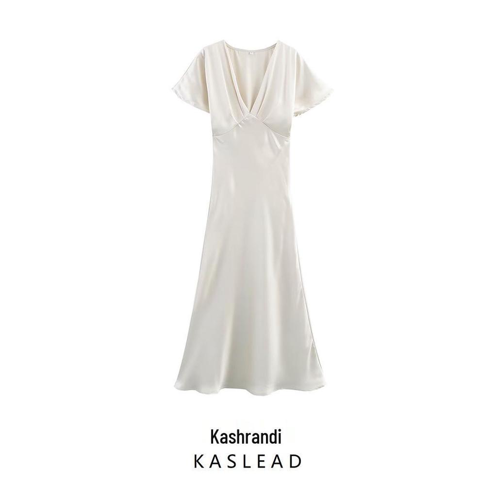 2025 Spring European & American Style Women's Slimming Silk Satin Midi Dress