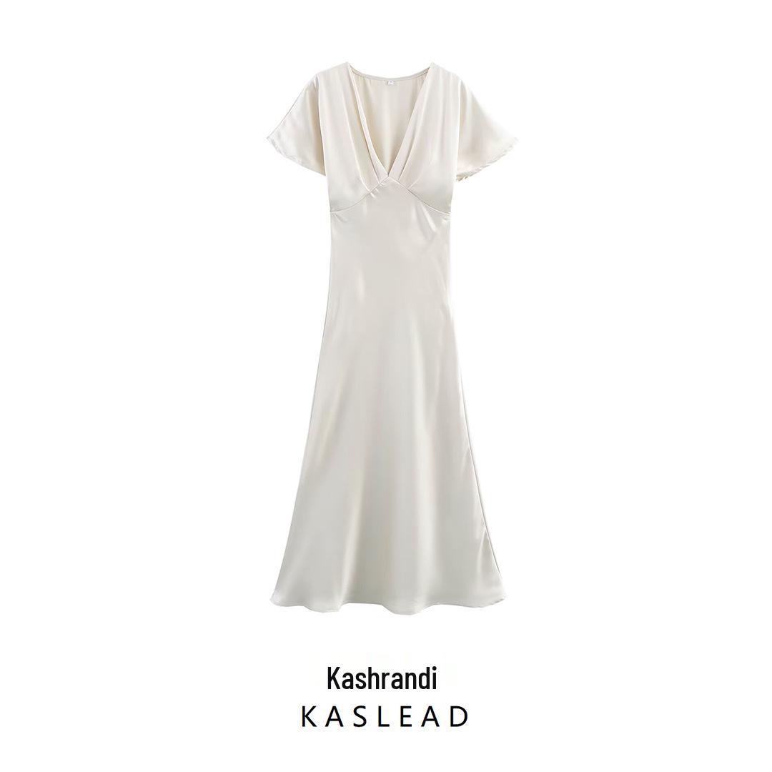 

2025 Spring European & American Style Women s Slimming Silk Satin Midi Dress M