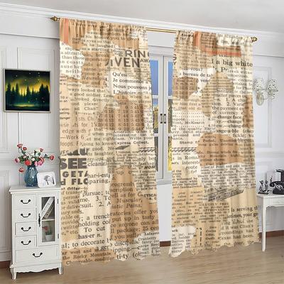 2 Pieces - Newspaper Print Curtain - Polyester Material - Suitable for Bedroom, Living Room, Study - Privacy Curtain