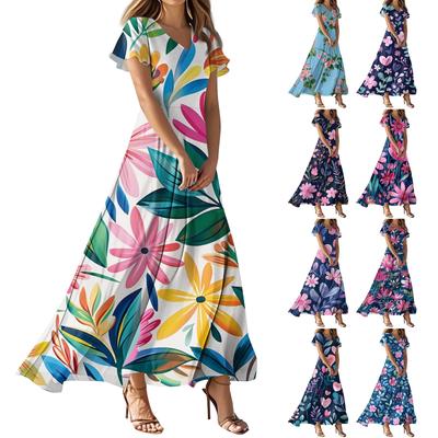 Vestido Casual de Mujer con Cuello en V, Manga Corta, Cintura Alta, Estampado Retro de Flores y Hojas