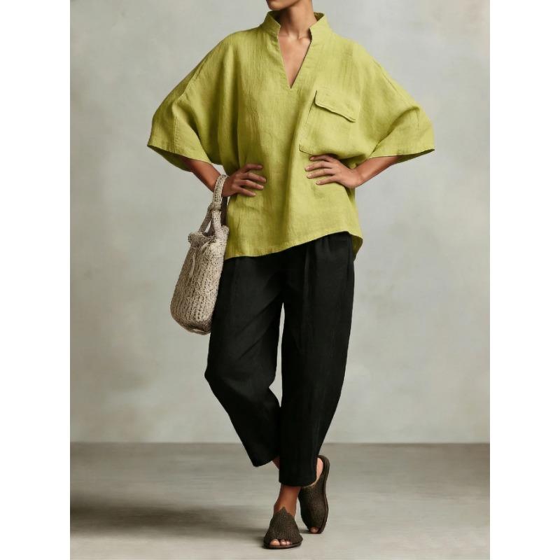 Women Loose V Neck Short Sleeve Cotton Linen Summer Shirt