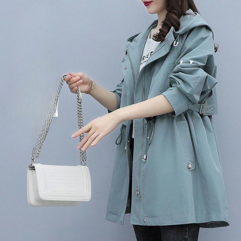 Tooling Windbreaker Women's Mid-length Spring and Autumn Clothes Large Size Loose Casual Waist Hooded Jacket Fashion
