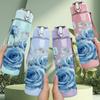1PC Soft Blue Rose Floral Art Print 750ml Color Plastic Sports Water Bottle Leakproof Flip Straw Lid Suitable for Sports Office Home Use