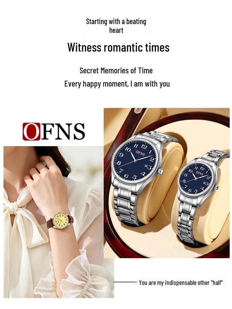 OFNS Couple's Wristwatch - Waterproof, Luminous, Quartz Watch with Steel or Leather Strap, Calendar Feature, for Casual or Business.