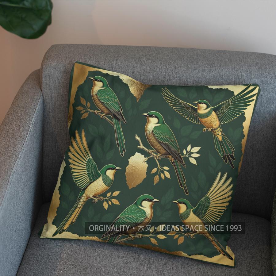 2D Green Birds With Gold Wings Pillow Cover Pattern Cushion Cover Suitable For Sofa Bedroom Car Pillow Cover