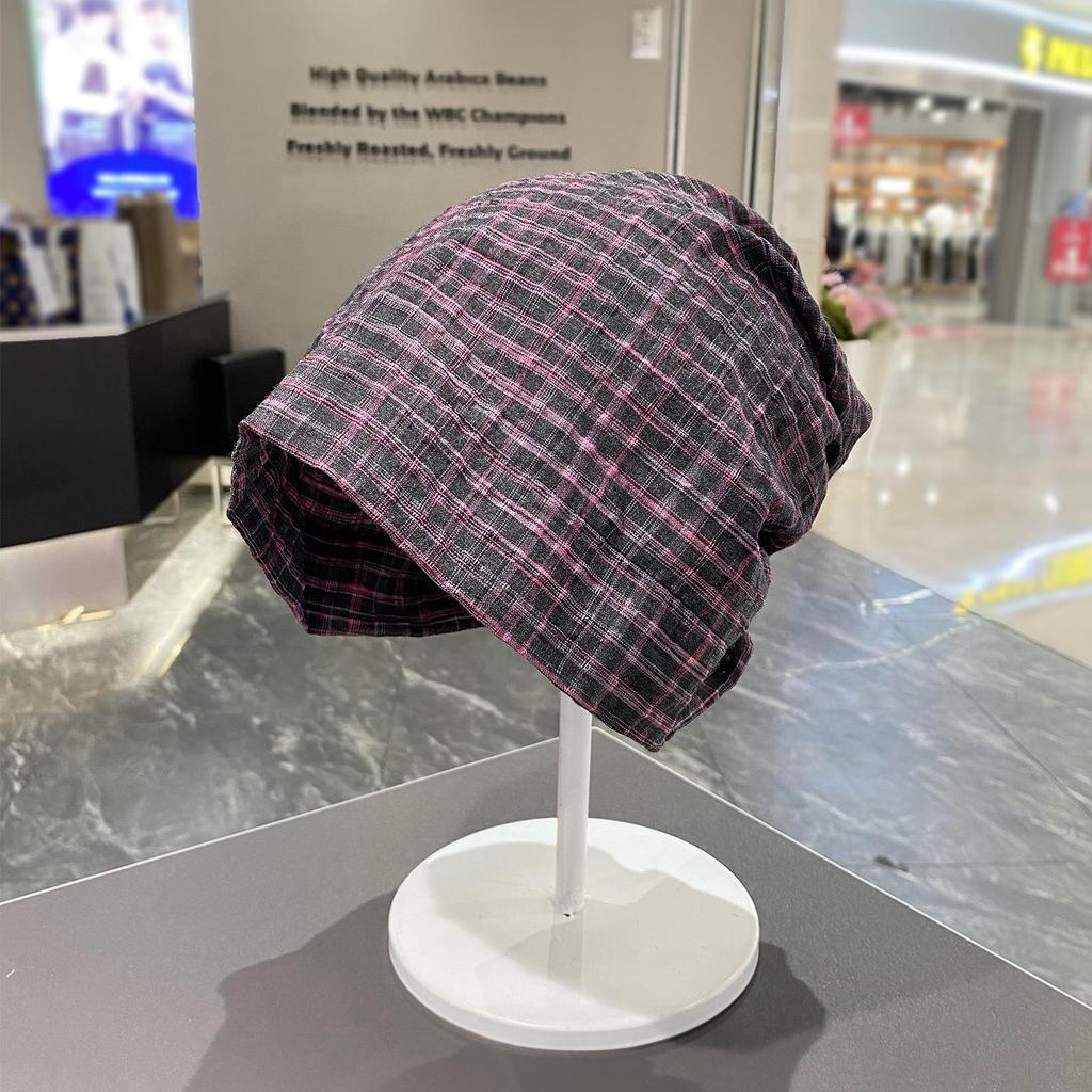 European & Korean Plaid Head Wrap: Wasteland Style, Loose Slouchy Beanie for Large Head Circumference, Trendy Hot Girl Bandana Hat.