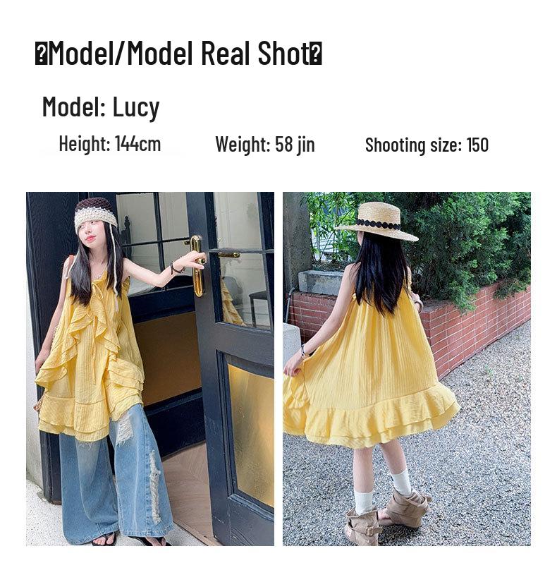Girls' Ruffle Strappy Midi Dress - 2026 Summer Beach Style for Older Children