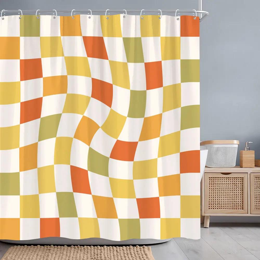 Abstract Geometric Line Square Graphic Shower Curtain Colourful Grid Polyester Fabric Shower Curtains Bathroom Decor with Hooks