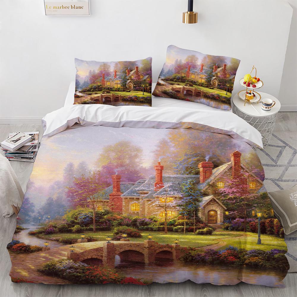 Painting Duvet Cover Set Beautiful Landscape Sun Lake Bridge Polyester Comforter Cover for Kid Boy Girl Artist Bedding Set King