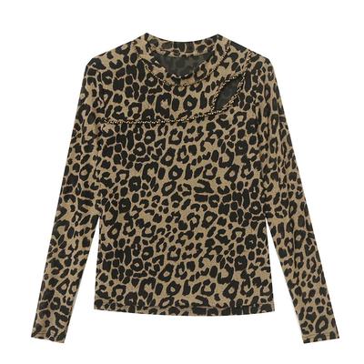 Warm Leopard Print Mesh T-shirt for Women with Slim Base Shirt for Winter New Round Neck Long Sleeve Hollow Top