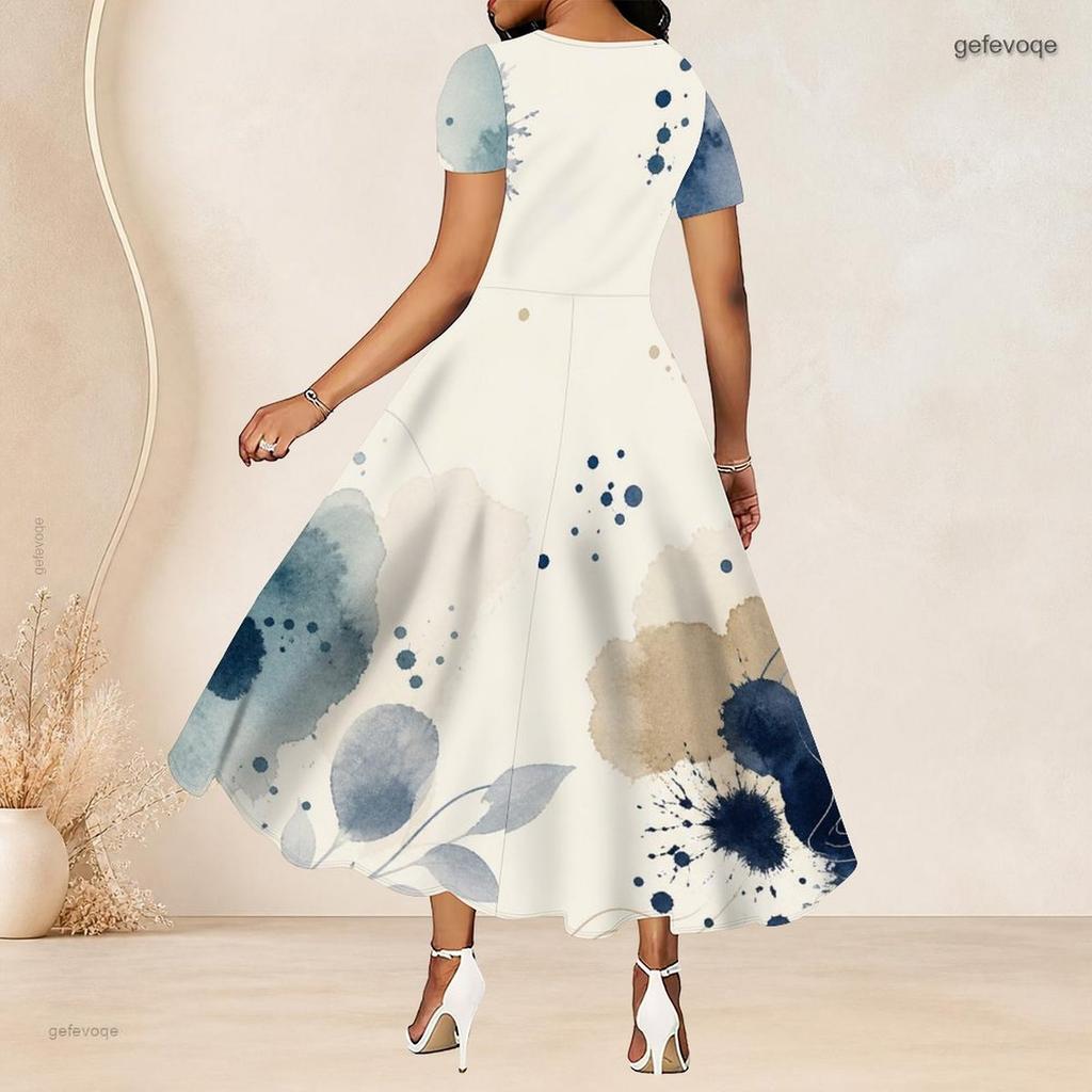 Women Plus Size Round Neck Short Sleeve White Abstract Printed Cutout Waist A Line Long Dress