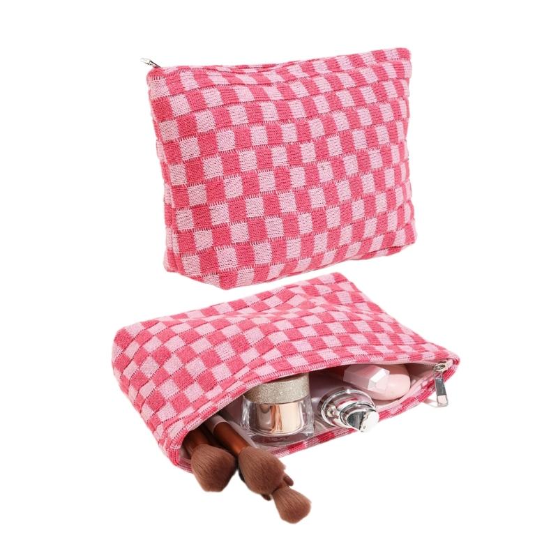 Crochet Makeup Bag Checkered Toiletry Bag Cosmetic Bag Versatile Storage Bag for Brush Lipstick Stationery Personal Care