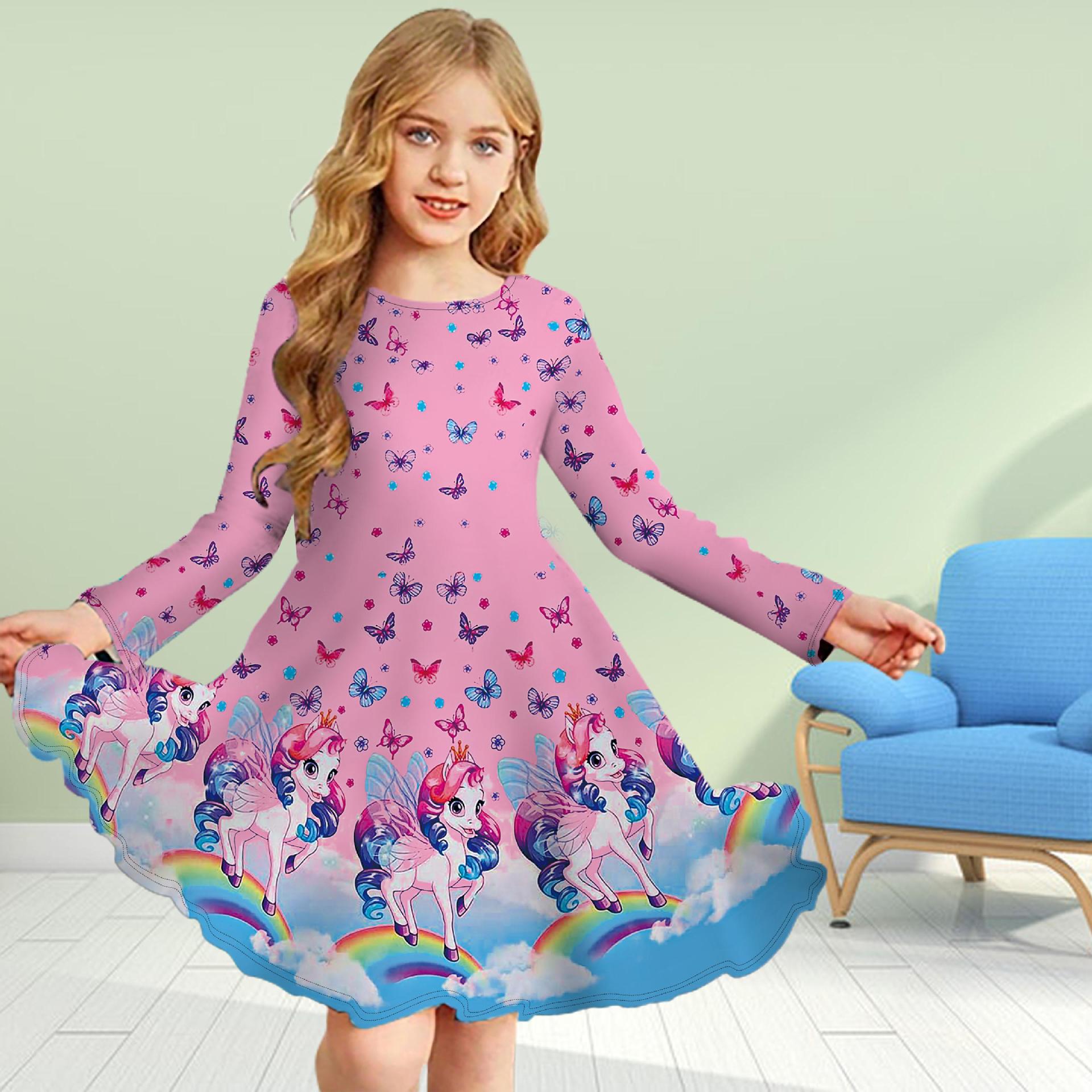 

Girls Long Sleeve Dress fashion Round Neck Pattern Random Printing Casual Girls Dress 160cm рожевий