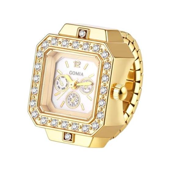 Ring Watch Square Elastic Band Stainless Steel Waterproof: Ring Watch Analog Display Quartz Diamond Square Trinocular Dial Accessory Finger Simple