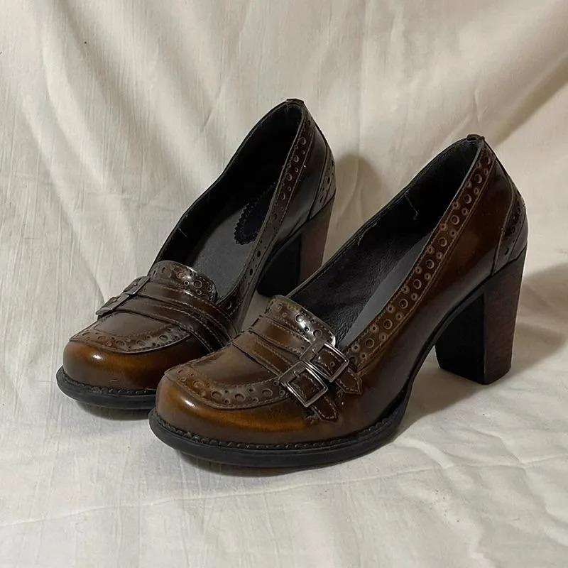 Women Loafer Fashion Shallow Slip Vintage Female Elegant Thick Heel Mary Jane Shoes Ladies Dress Pumps