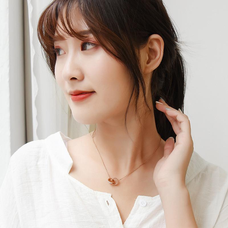 Elegant Korean Style Rose Gold Geometric Double Circle Necklace For Women 75cm