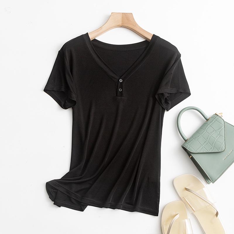 

Женский легкий топ из тутового шелка Tangge с V-образным вырезом и коротким рукавом XL чёрный