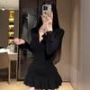 Elegant Deep V-Neck Long-Sleeve Top & High-Waisted Pleated Skort Set