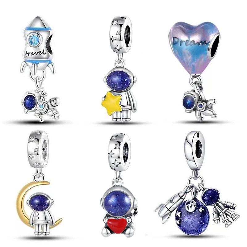 S925 Silver Astronaut Moon Pendant DIY Beaded Bracelet Necklace Handmade Jewelry Craft Kit