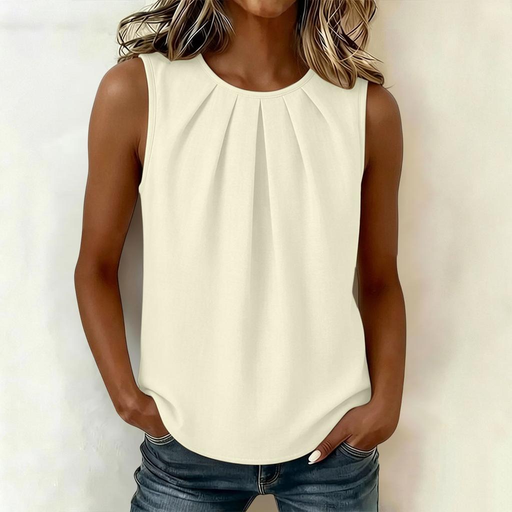 Women Sleeveless Pleated Crew Neck Loose Fit Blouse Solid Basic Casual Top for Daily Office Wear