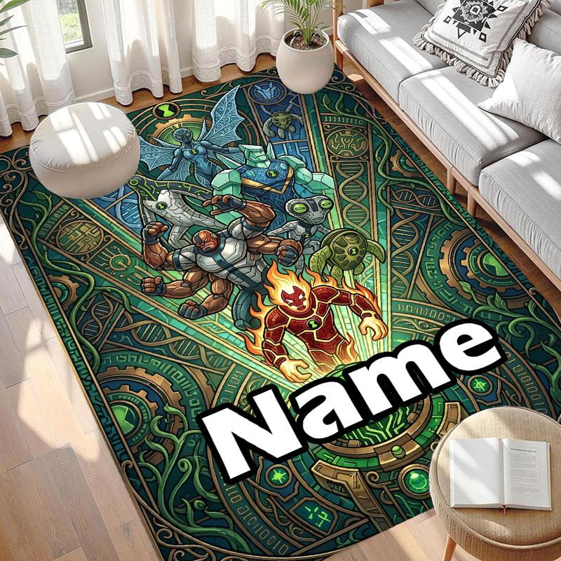 Custom Name Personalized Ben 10 Cartoon Print Carpet, Versatile Home Decor Rug, for Playroom, Apartment, Balcony, Entryway, Hallway Gift