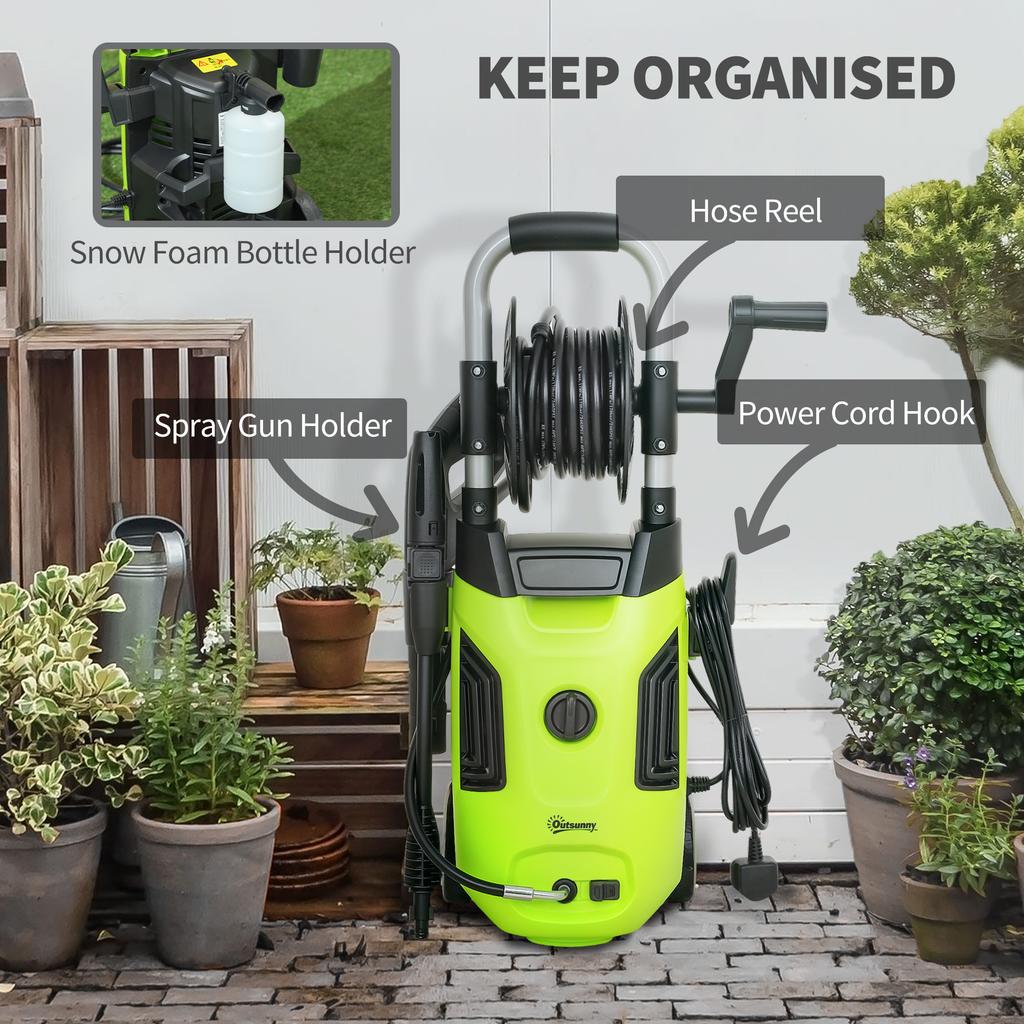 1800W High Pressure Washer, 150 Bar Pressure, 420 L/h Flow, Portable Power Washer Jet Wash Cleaner with Adjustable Nozzle, 6M Hose, Hose Reel