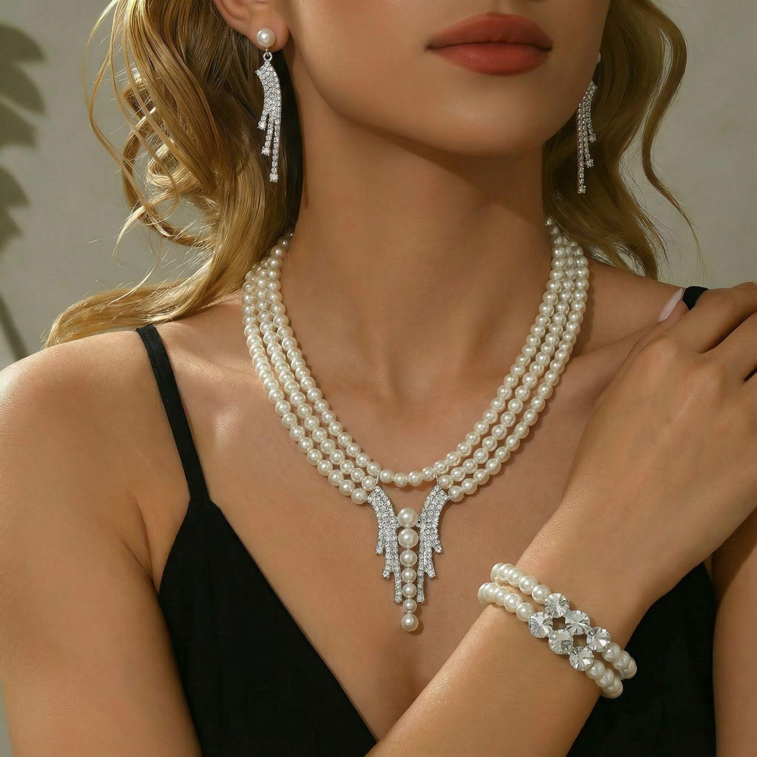 Трехслойный комплект: колье, серьги, браслет, женская модная одежда для свадебного банкета, вечеринки серебряный