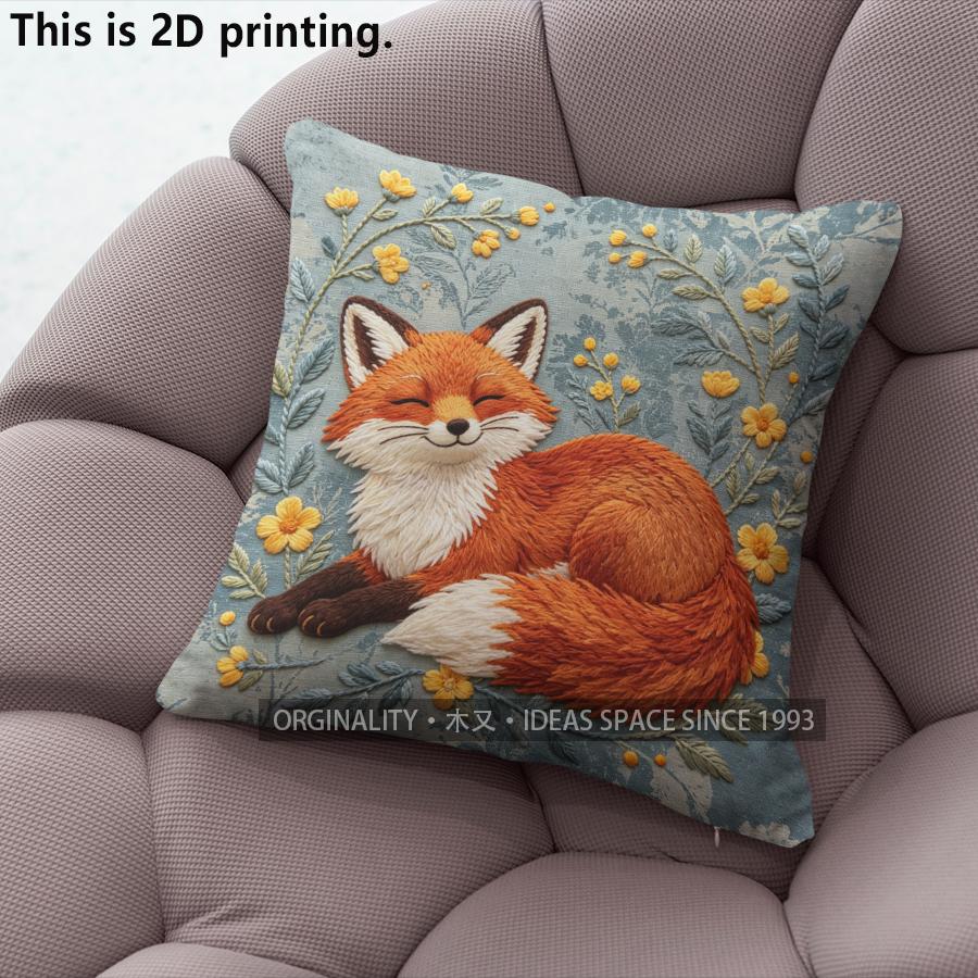 Cute Embroidery Style Fox Floral Throw Pillow Covers Pattern Cushion Cover Suitable for Sofa Bedroom Car Pillow Cover