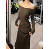 One-word Shoulder Knitted Exposed Collarbone Dress Women's Autumn and Winter New Slim-fitting Drape Versatile Bottom Dress