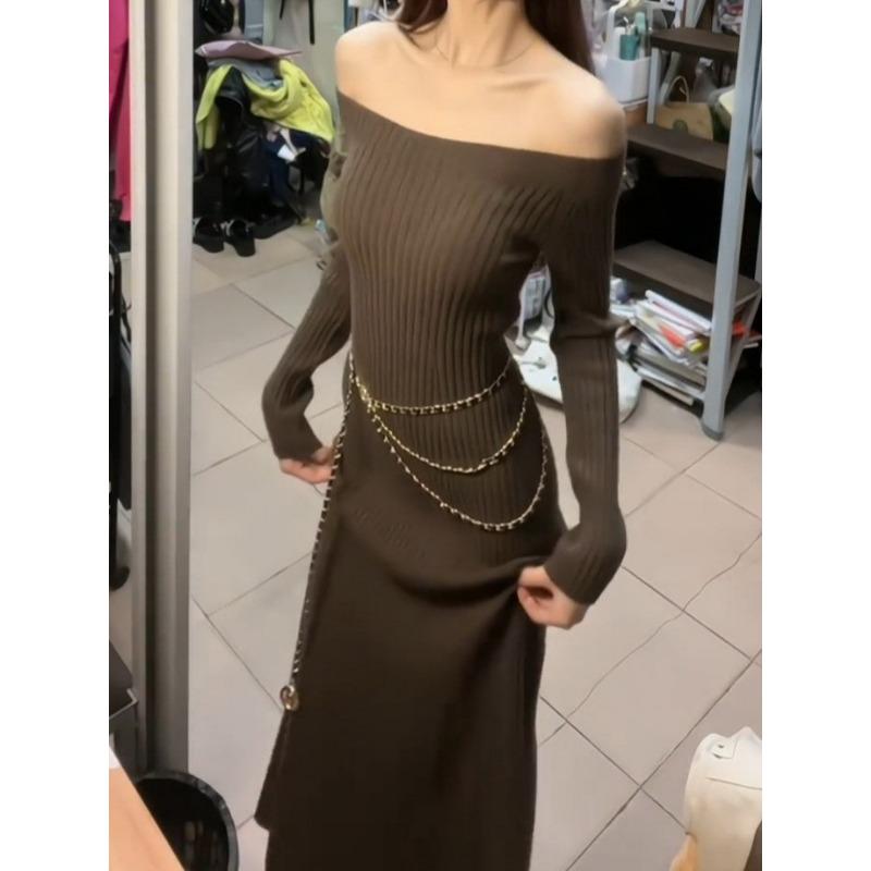 

Платье с открытыми плечами, вязаное, с открытой ключицей, женское, осенне-зимнее, новое, облегающего кроя, драпирующееся, универсальное, базовое платье XL коричневый