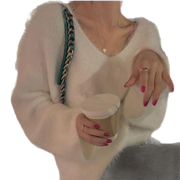 Women's Fluffy Mink Velvet V-neck Sweater: Japanese & Korean Style, Fashionable, Versatile, Loose Fit for Autumn/Winter